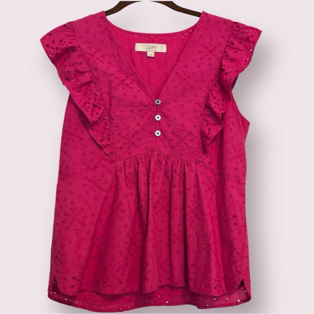 LOFT Ann Taylor Pink Eyelet Sleeveless Top Women’s XS Cotton Ruffle